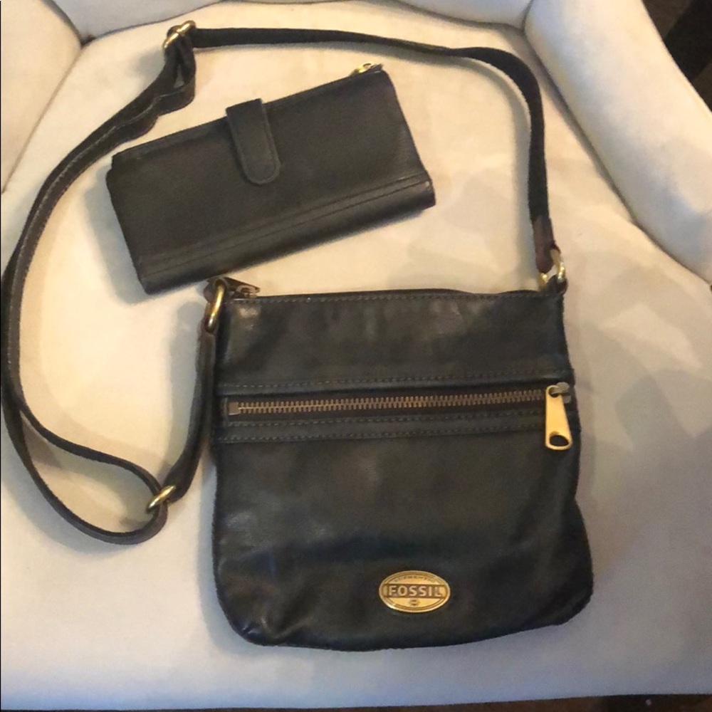 Fossil Cross Body Mini Bag  Wallet Black  Leather